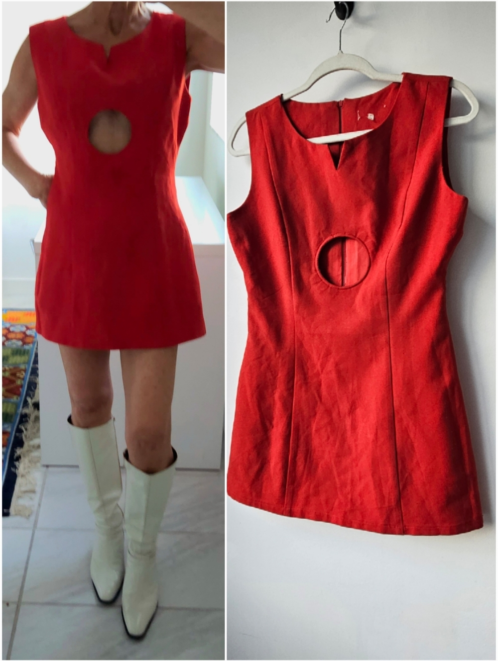 Vintage Red Designer Micro Mini Circle Cut Out Mod Dress